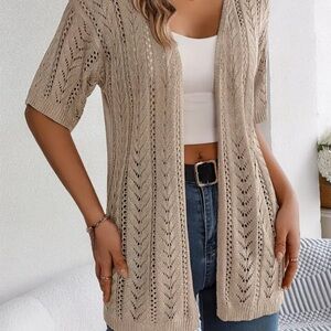 New! Women’s Khaki Crochet Short-Sleeve Knit Hollow Cardigan. Size: X-Large..